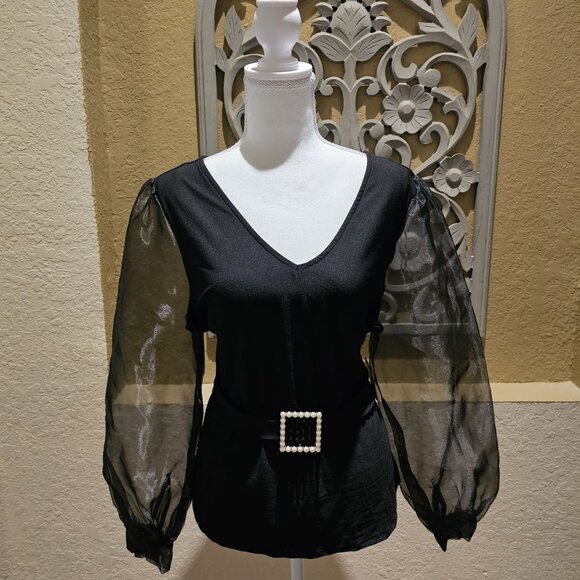 AUW Tops - A.U.W. L Black Organza Sheer Puff Sleeve V-Neck Blouse W Embellished Belt 1960's